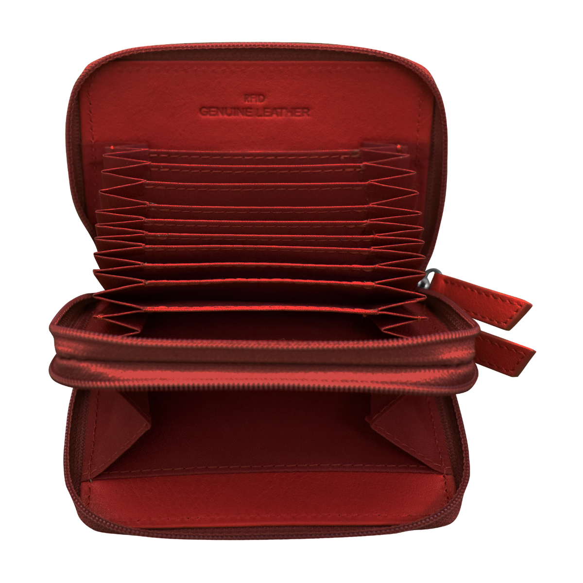 Red wallet with multiple card slots on a white background