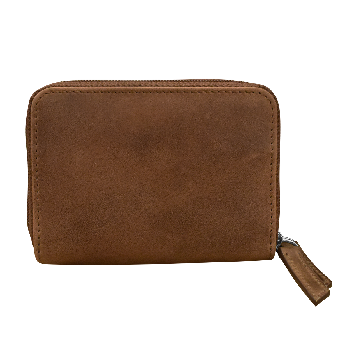 Brown leather wallet with a zipper on a white background