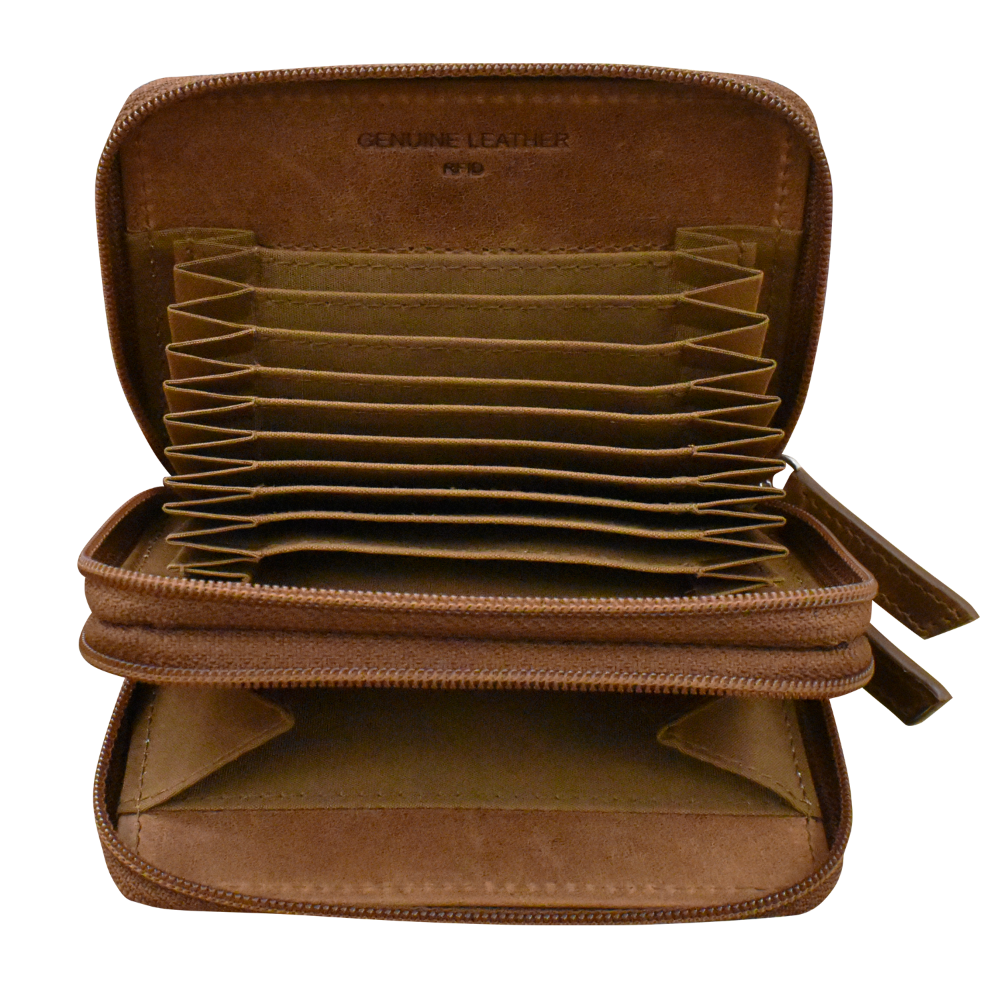 Brown leather wallet with multiple card slots on a white background