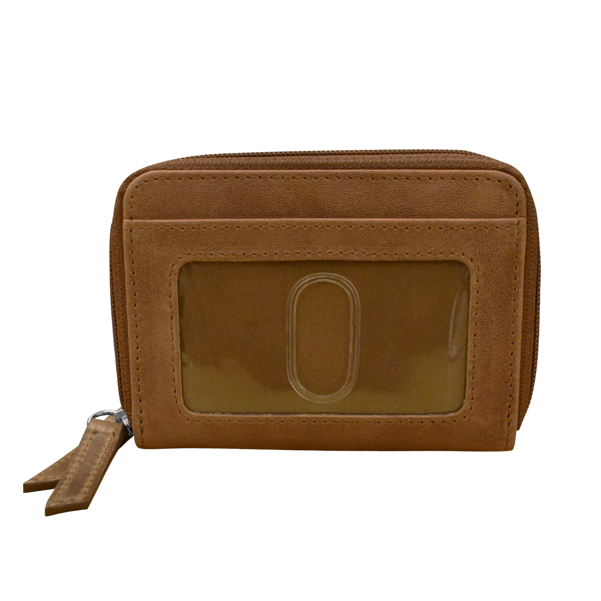 Brown wallet with a clear card holder on a white background
