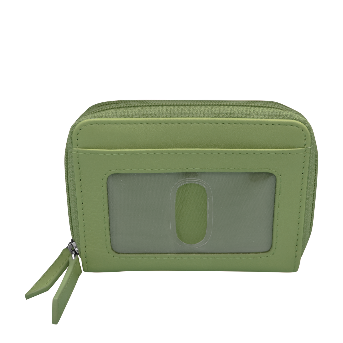 Green wallet with a clear window on a white background