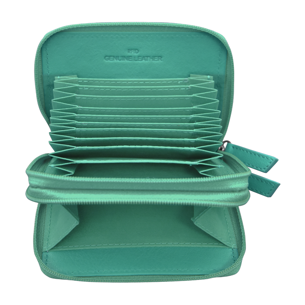 Teal card holder with multiple compartments on a white background