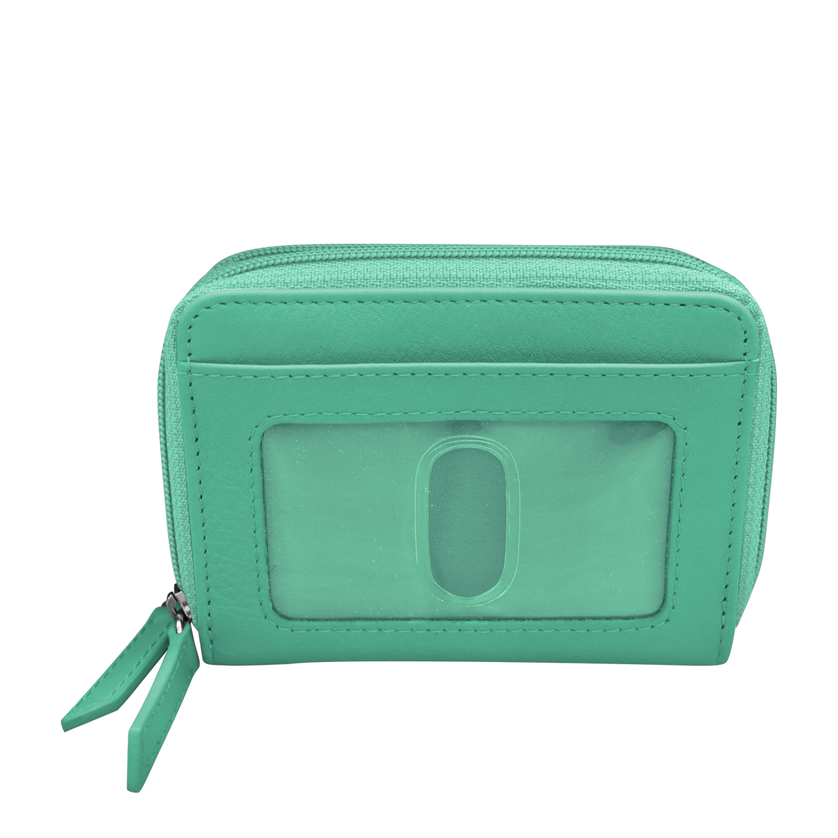 Green wallet with a clear window on a white background