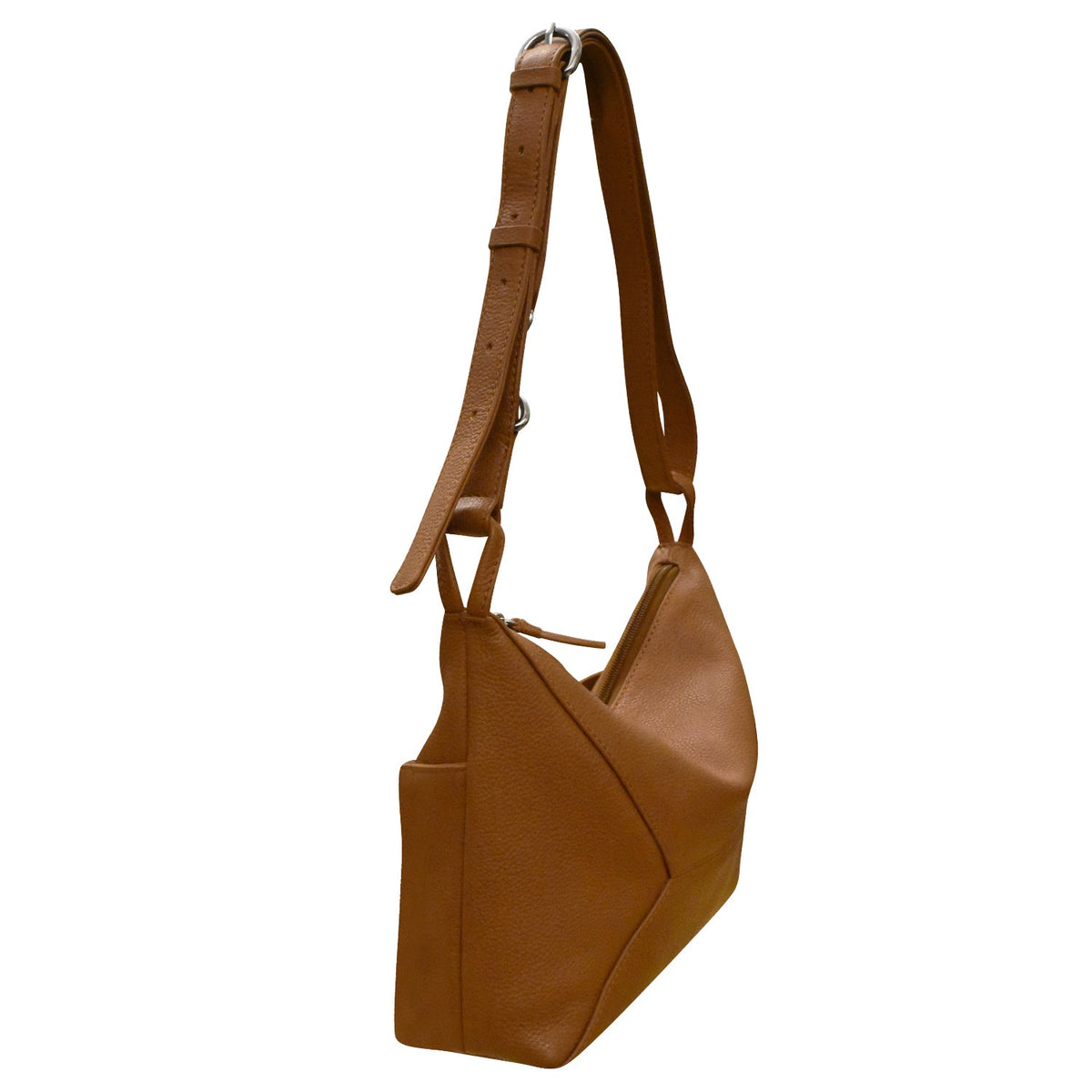 Brown leather handbag with a strap on a white background