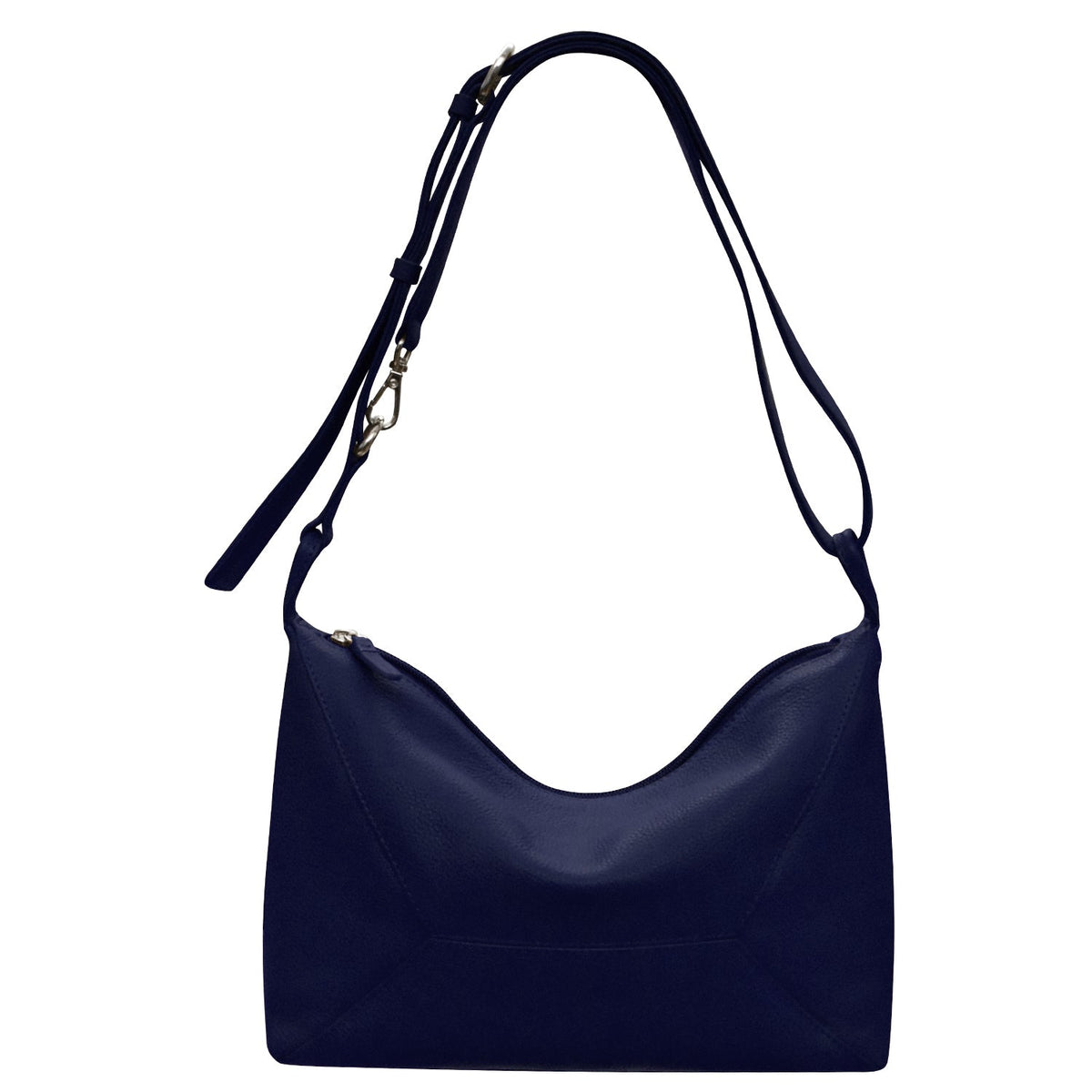 A navy blue leather shoulder bag with a curved, slouchy silhouette, a single adjustable shoulder strap, and gold-tone hardware, shown against a plain white background.
