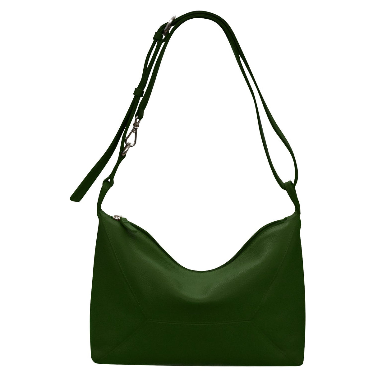 A dark green leather shoulder bag with a curved, slouchy silhouette, a single adjustable shoulder strap, and silver-tone hardware, shown against a plain white background.