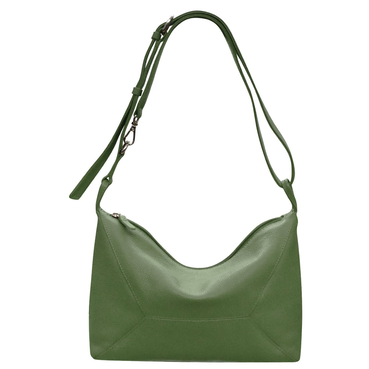 Green leather handbag with a shoulder strap on a white background