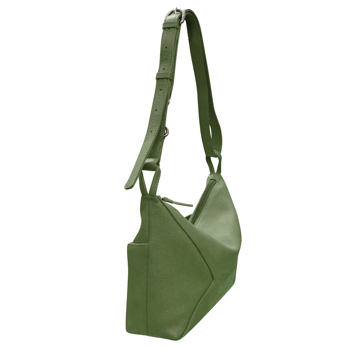 Green leather handbag with a strap on a white background