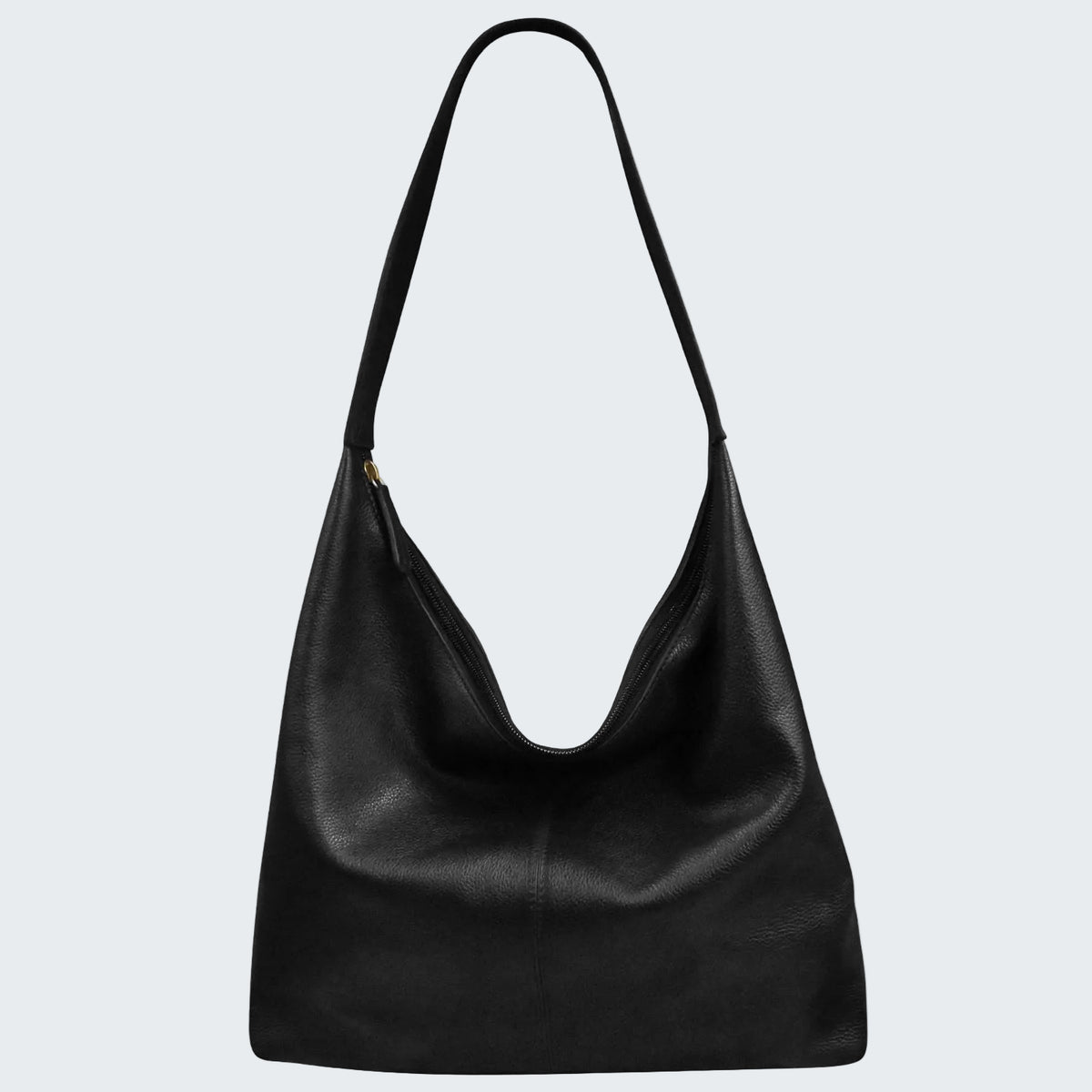 Black leather handbag on a white background