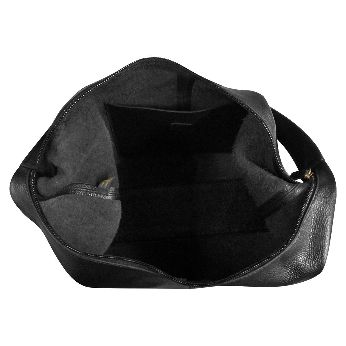 Black leather handbag with a visible brand logo on a white background