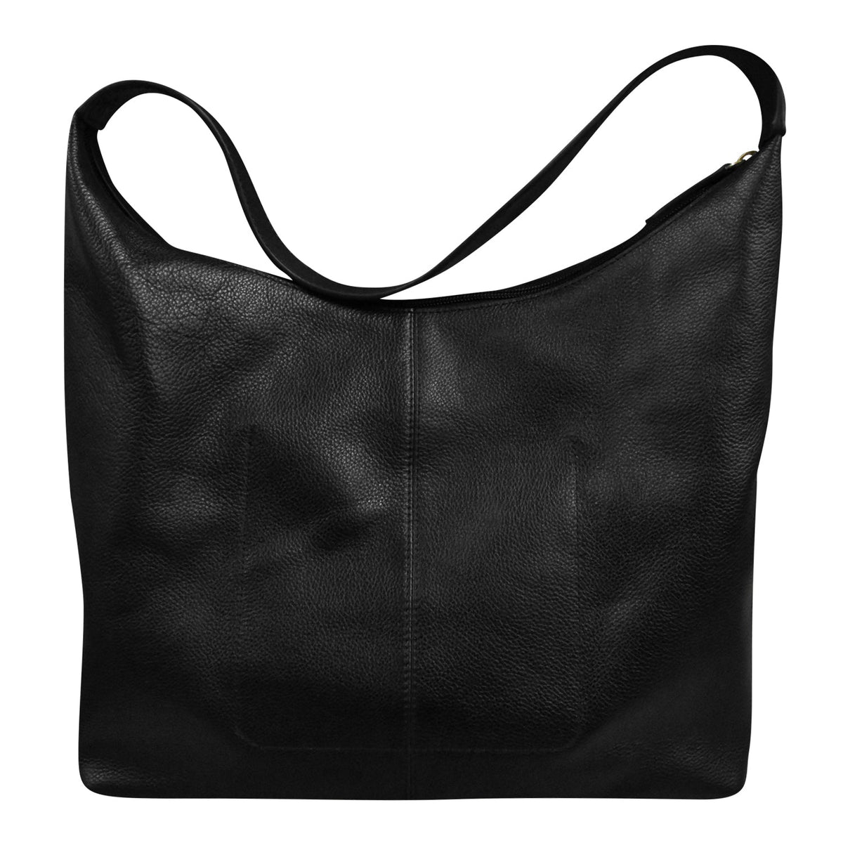 Black leather shoulder bag on a white background