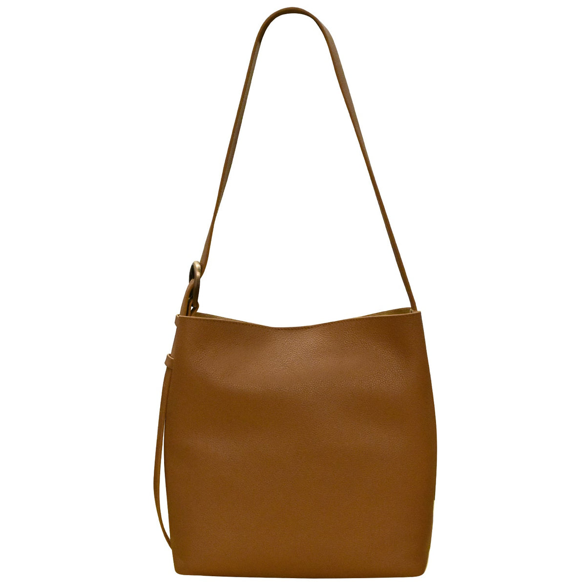 Brown leather handbag on a white background