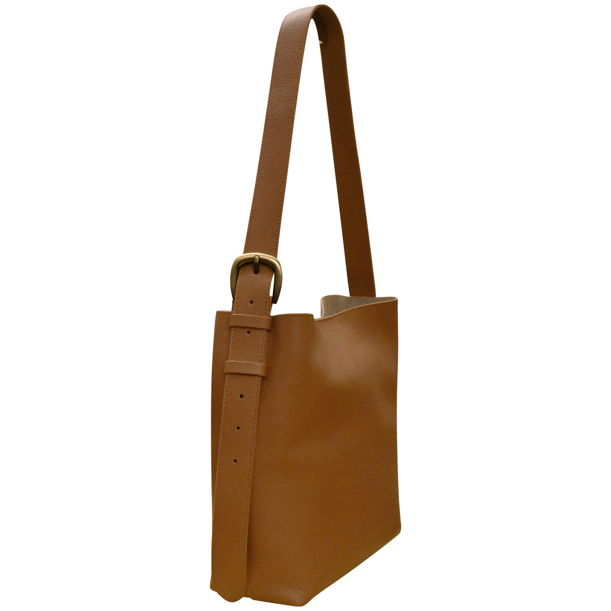 Brown leather tote bag with a strap on a white background
