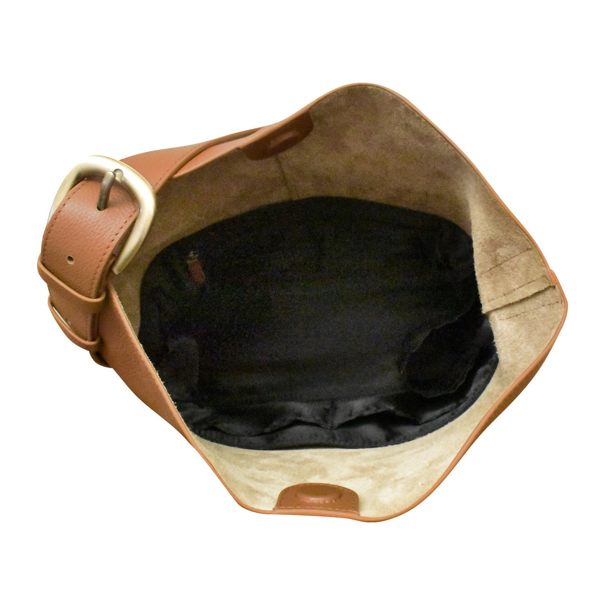 Brown leather bag with a buckle on a white background