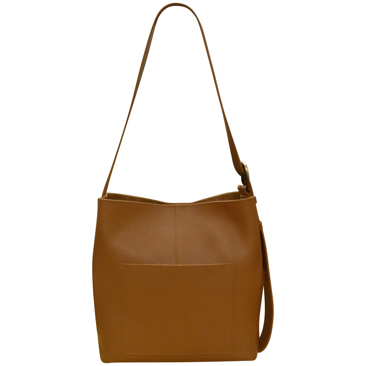 Brown leather handbag with a shoulder strap on a white background