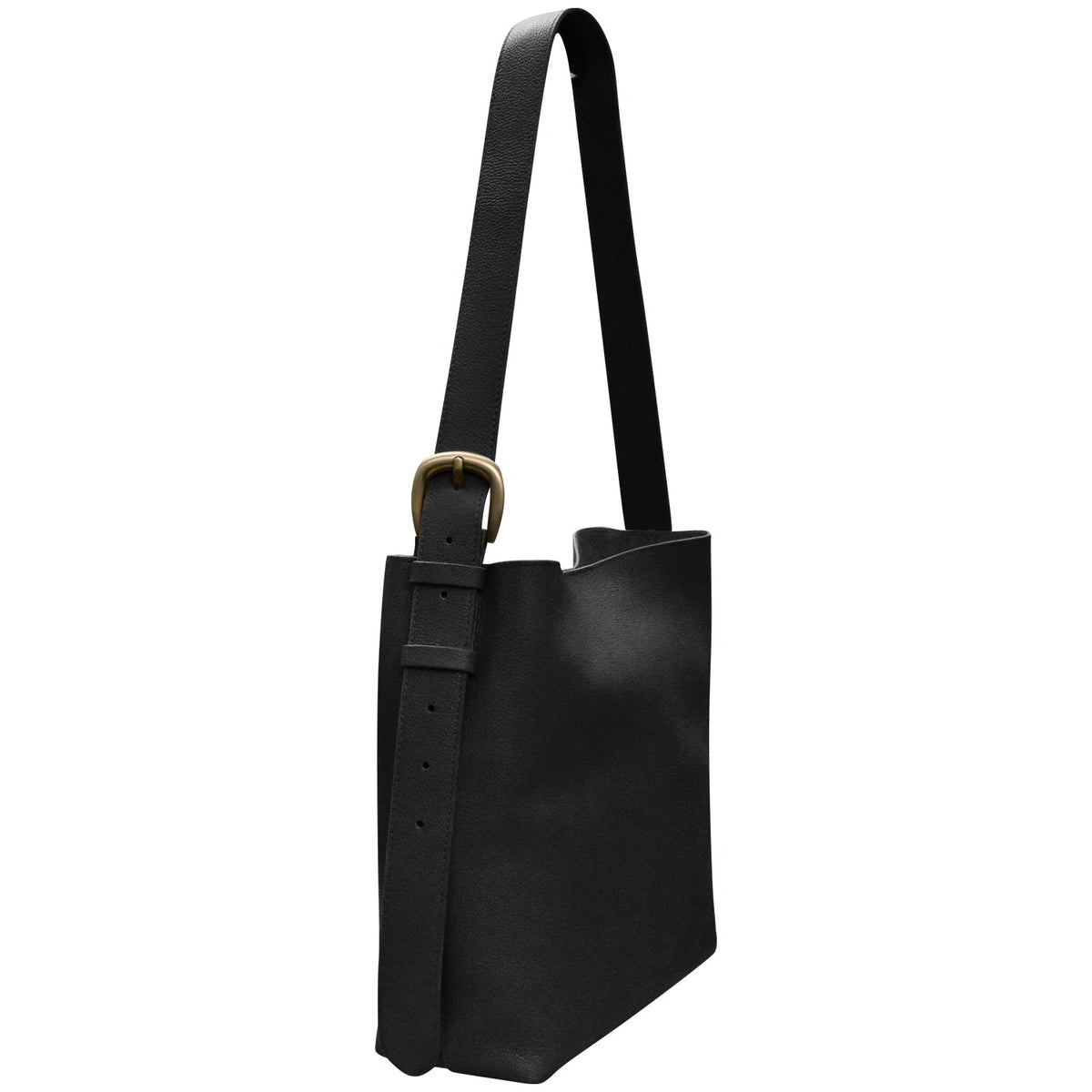 Black leather tote bag with a gold buckle on a white background