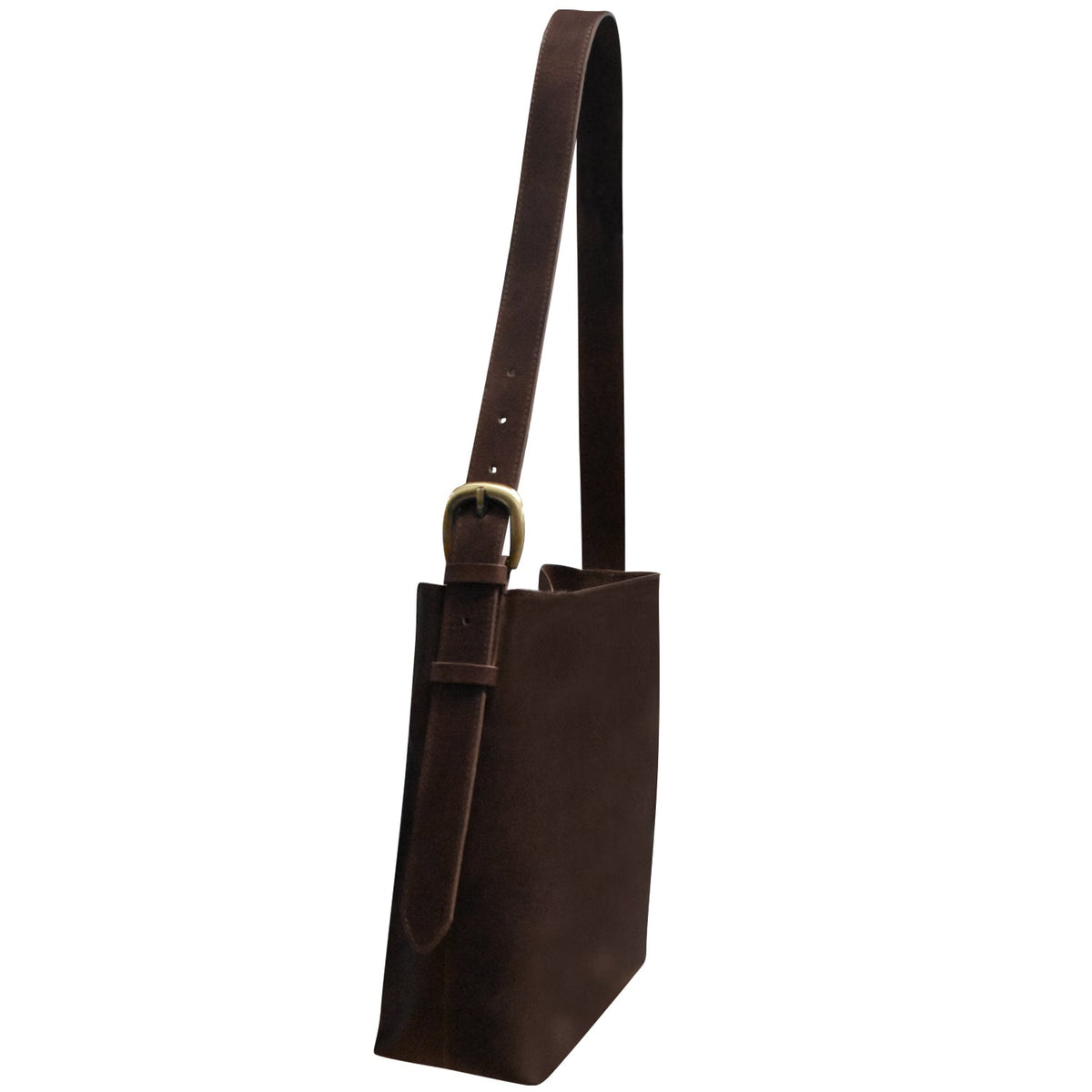 Brown leather tote bag with a strap on a white background