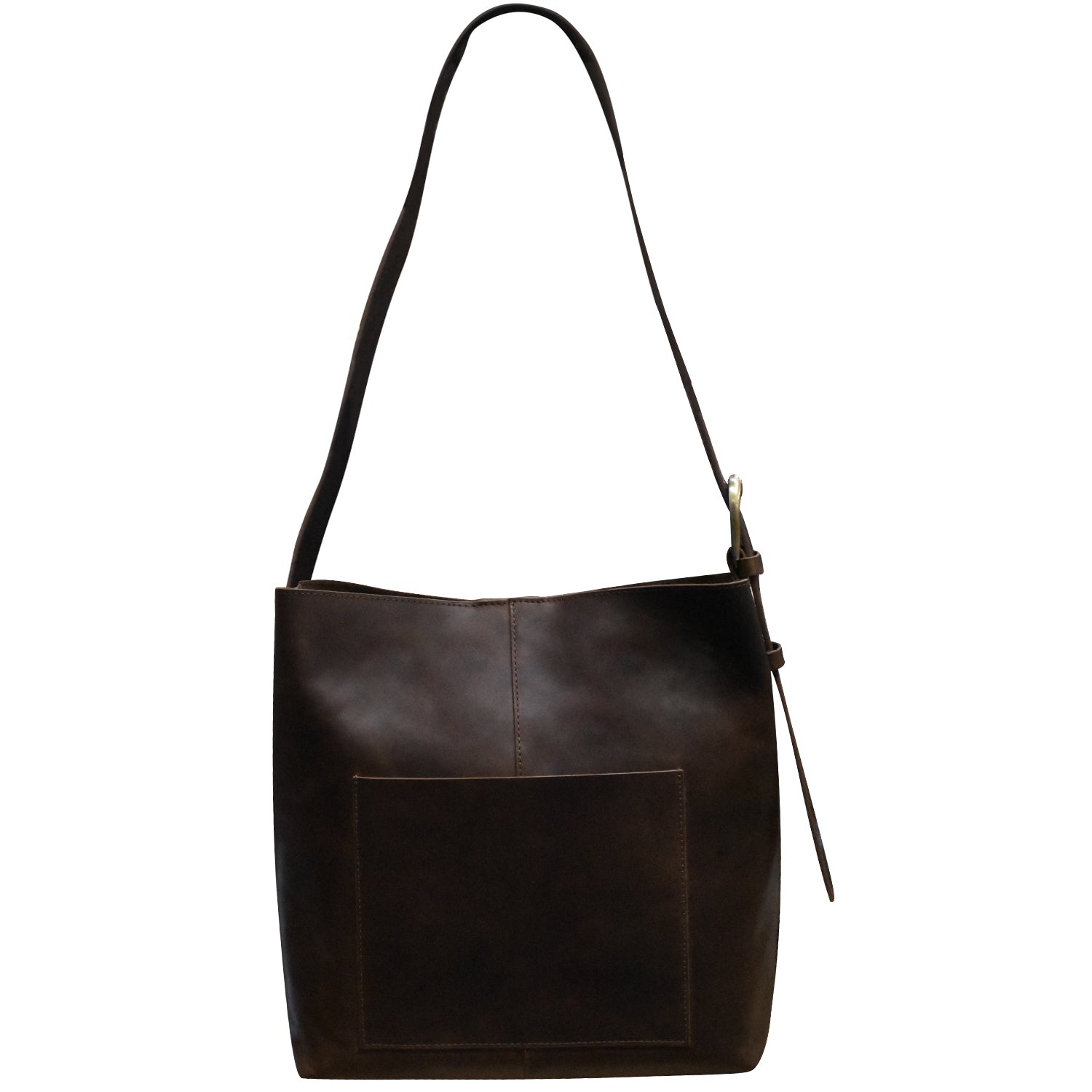 Brown leather handbag with a strap on a white background