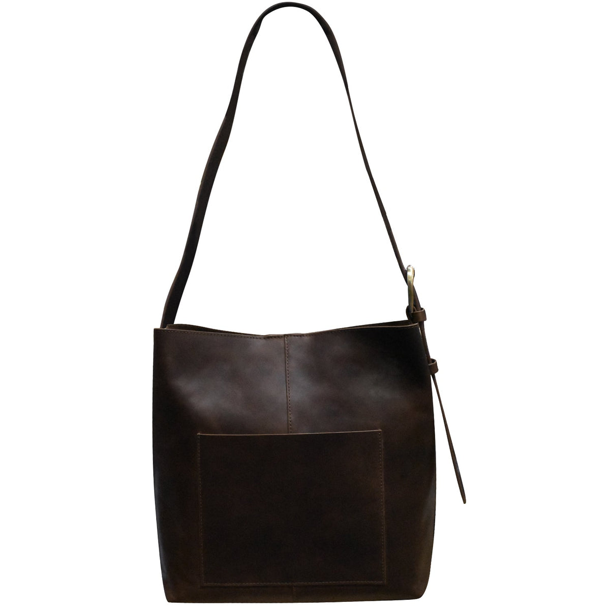 Brown leather handbag with a strap on a white background