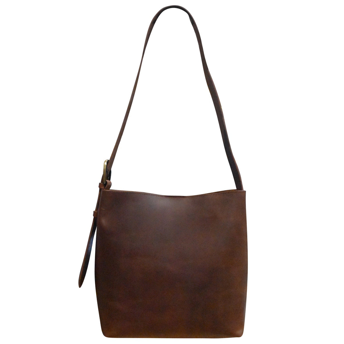 Brown leather handbag with a strap on a white background