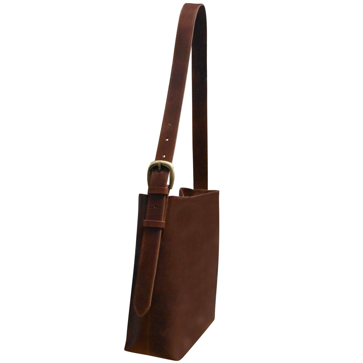 Brown leather tote bag with a strap on a white background