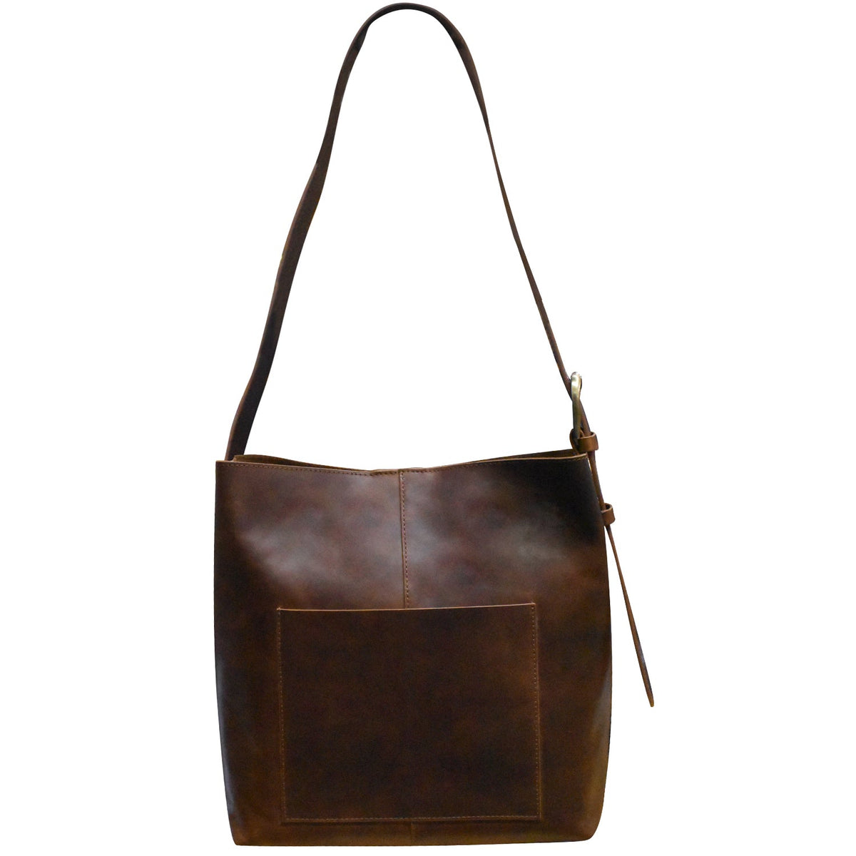 Brown leather handbag with a strap on a white background