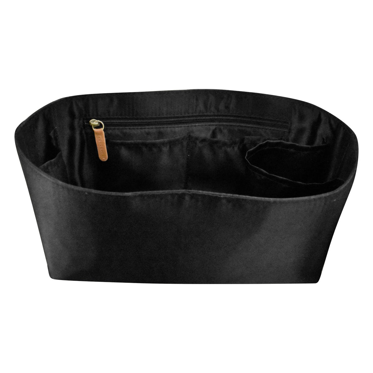 Black bag organizer with a gold zipper on a white background