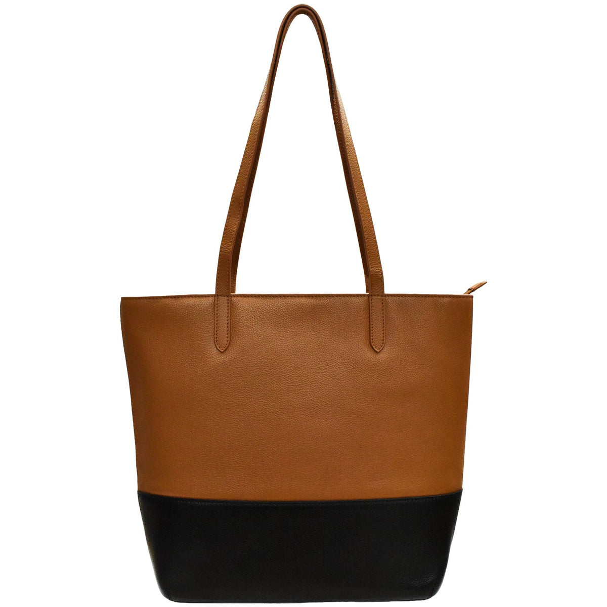 A two-tone leather tote bag with a tan upper body and a black lower base, featuring dual shoulder straps and a top zipper closure, shown against a plain white background.
