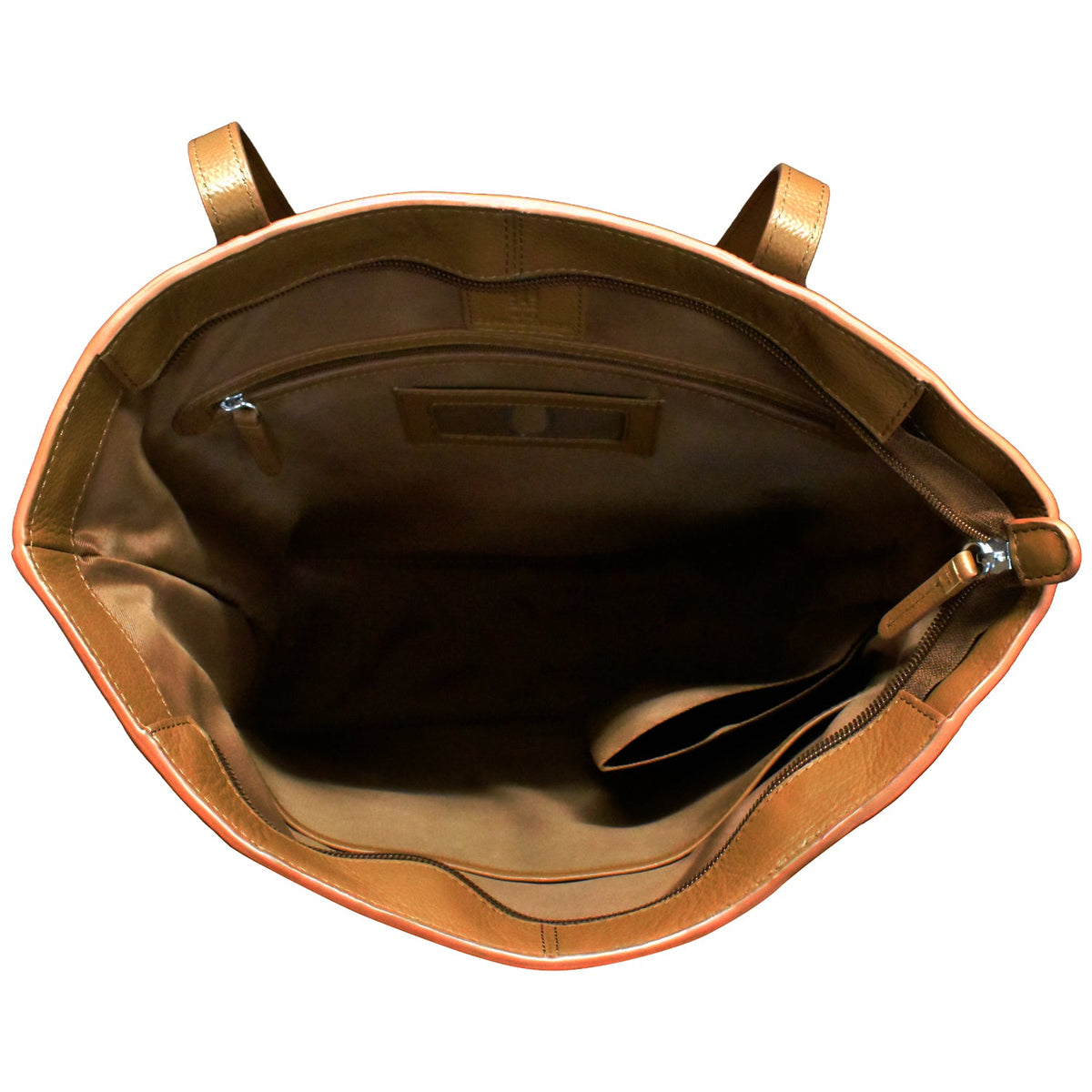 Brown leather bag with gold hardware on a white background