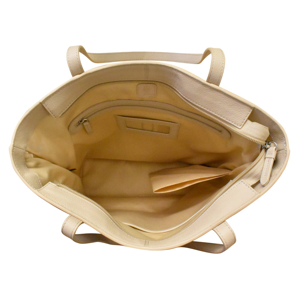 Beige handbag with interior details on a white background