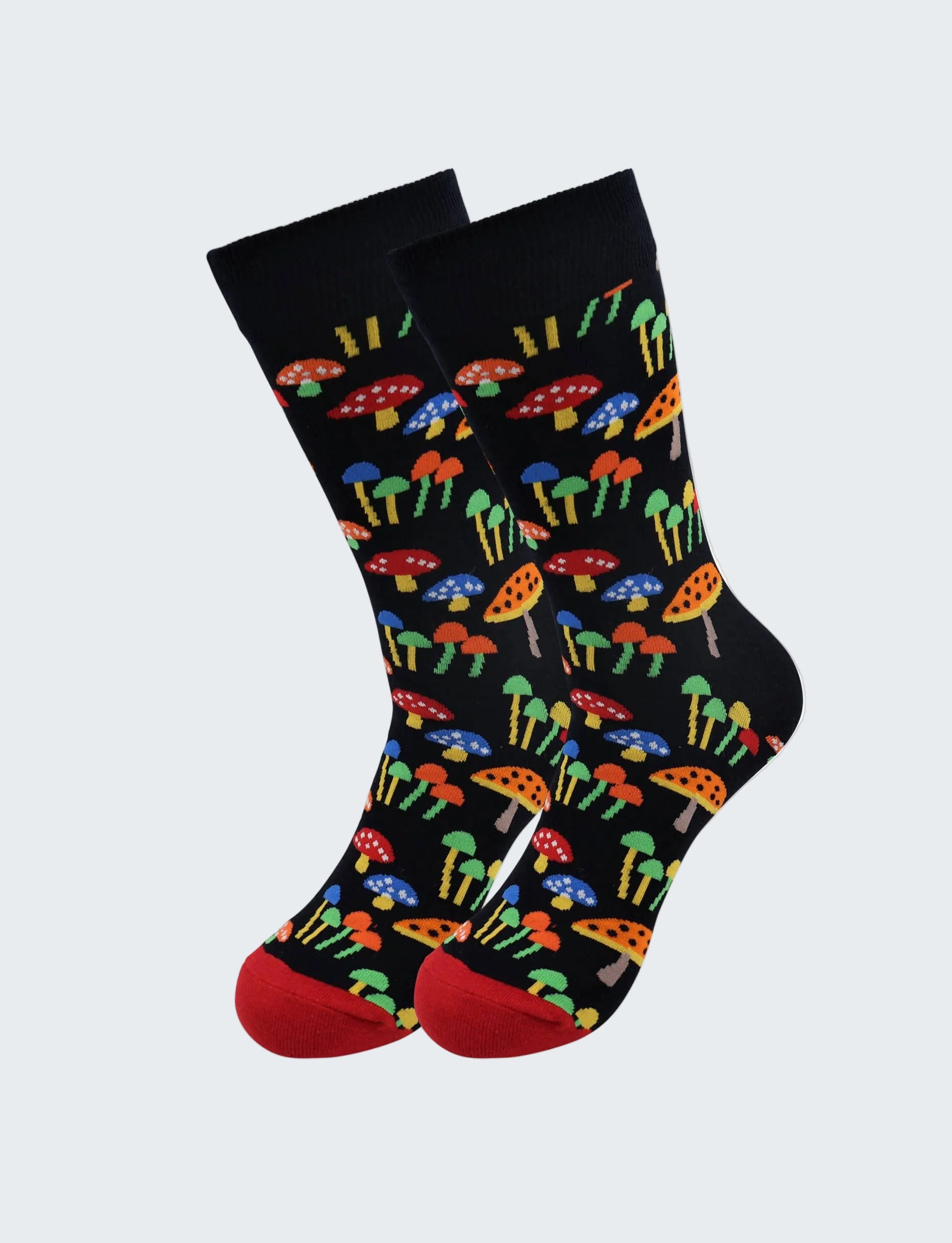 Black socks with colorful mushroom pattern on a white background