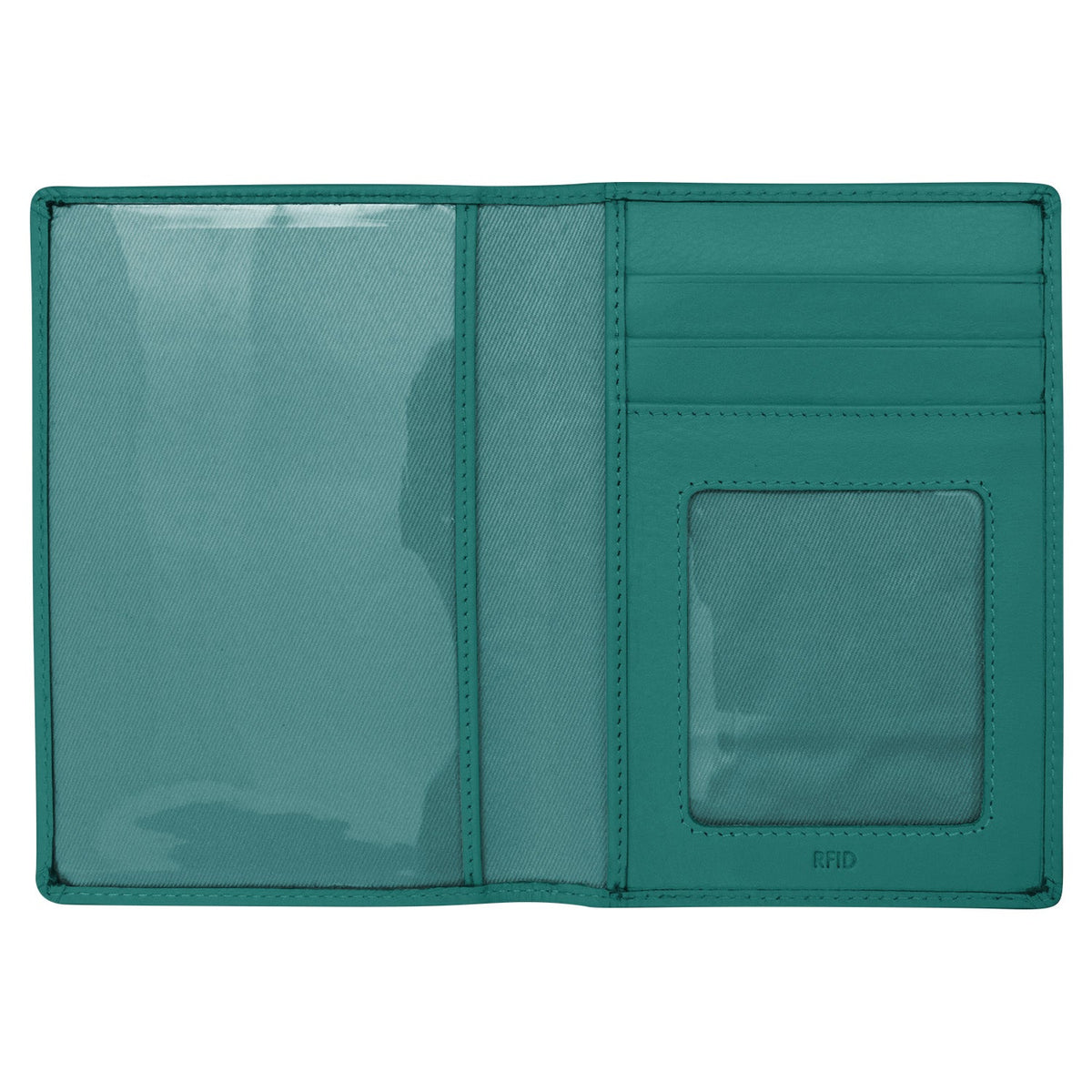 Teal wallet with card slots and a pocket on a white background