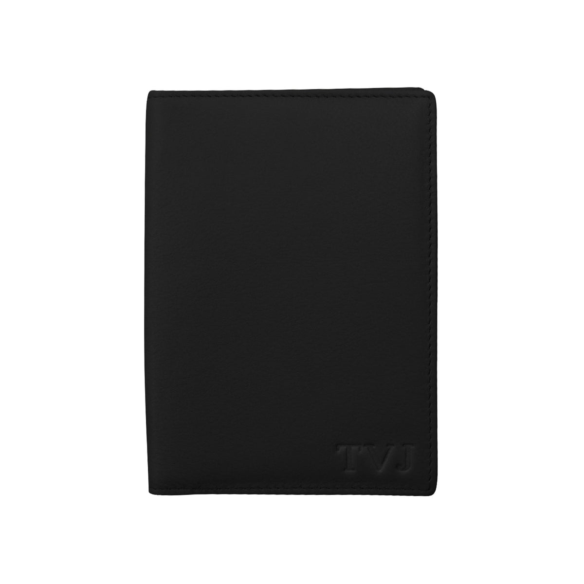 Black leather wallet with 'TVJ' branding on a white background