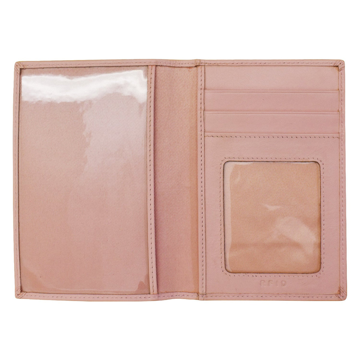 Pink passport holder with card slots on a white background