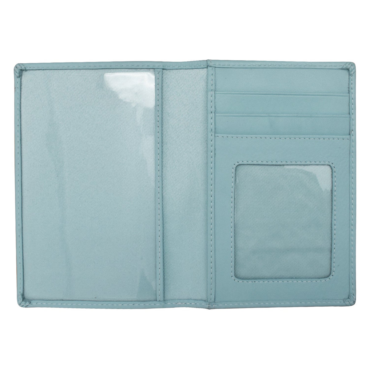 Light blue wallet with card slots and a pocket on a white background