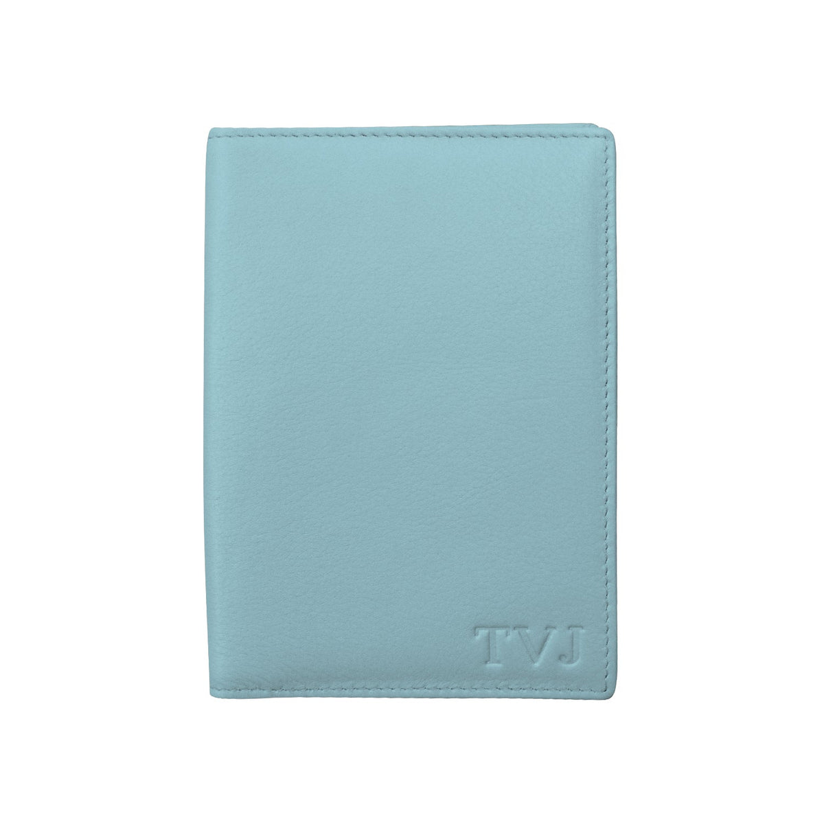 Light blue wallet with 'TVJ' initials on a white background