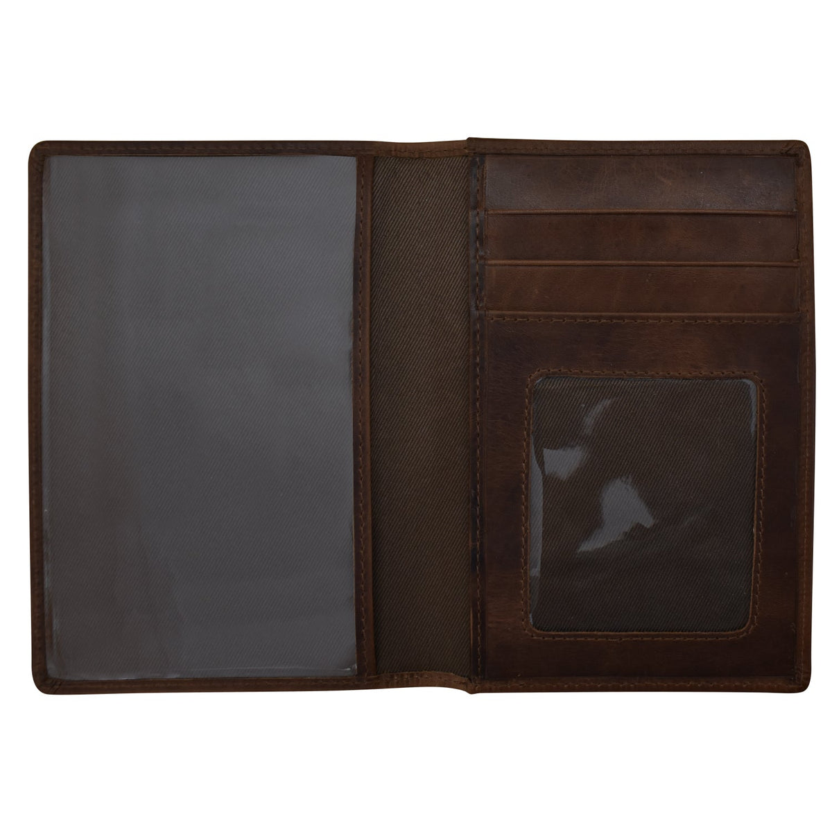 Brown leather wallet with card slots on a white background