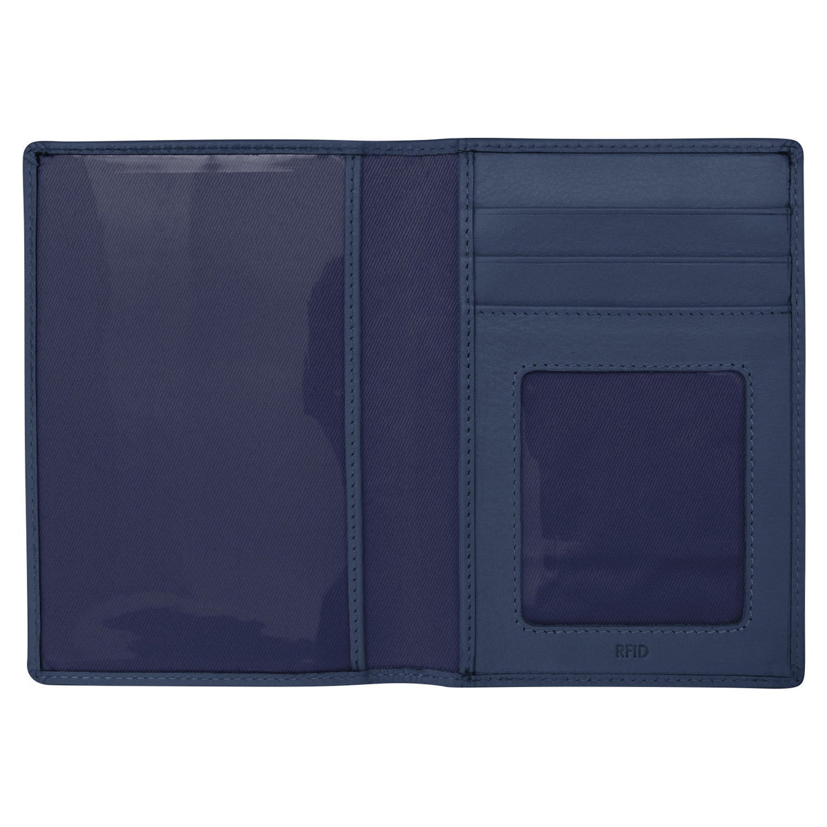 Navy blue wallet with card slots and a pocket on a white background