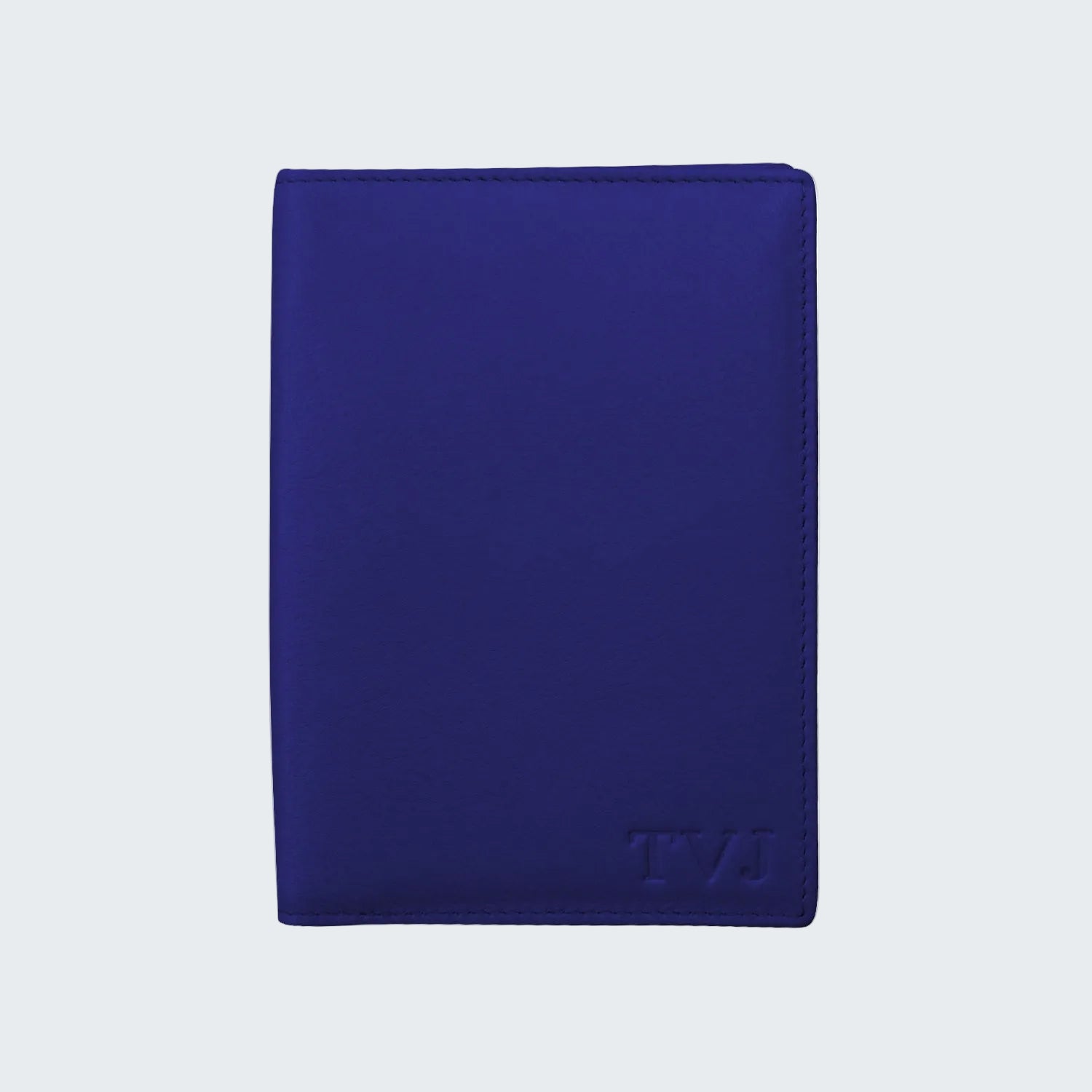 Blue wallet with 'TVS' branding on a white background