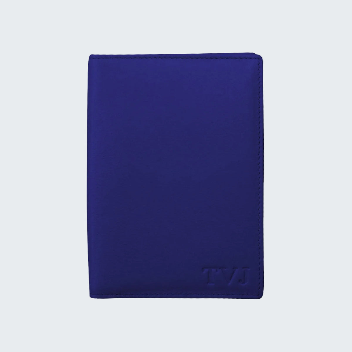 Blue wallet with 'TVS' branding on a white background