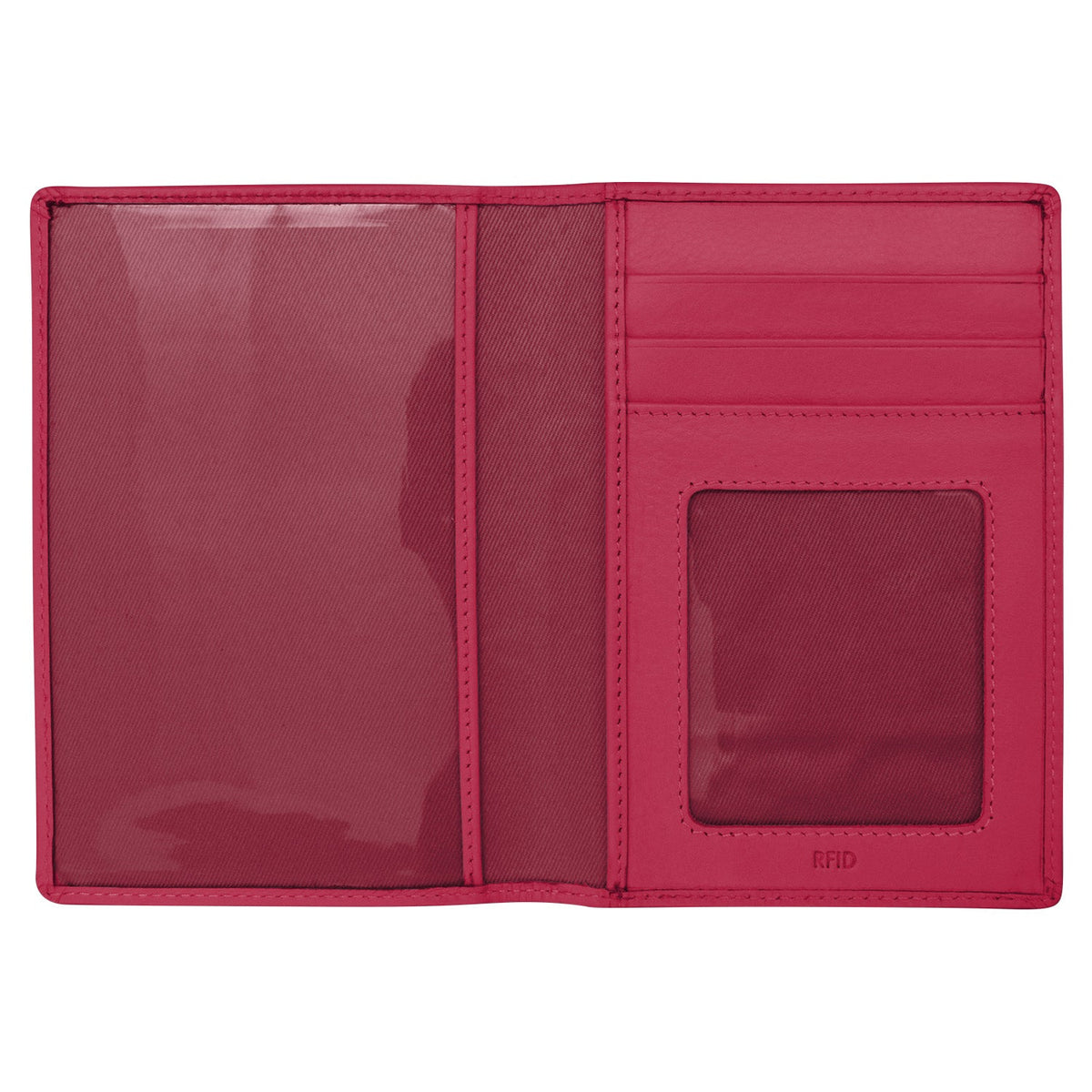 Red wallet with card slots and an open flap on a white background