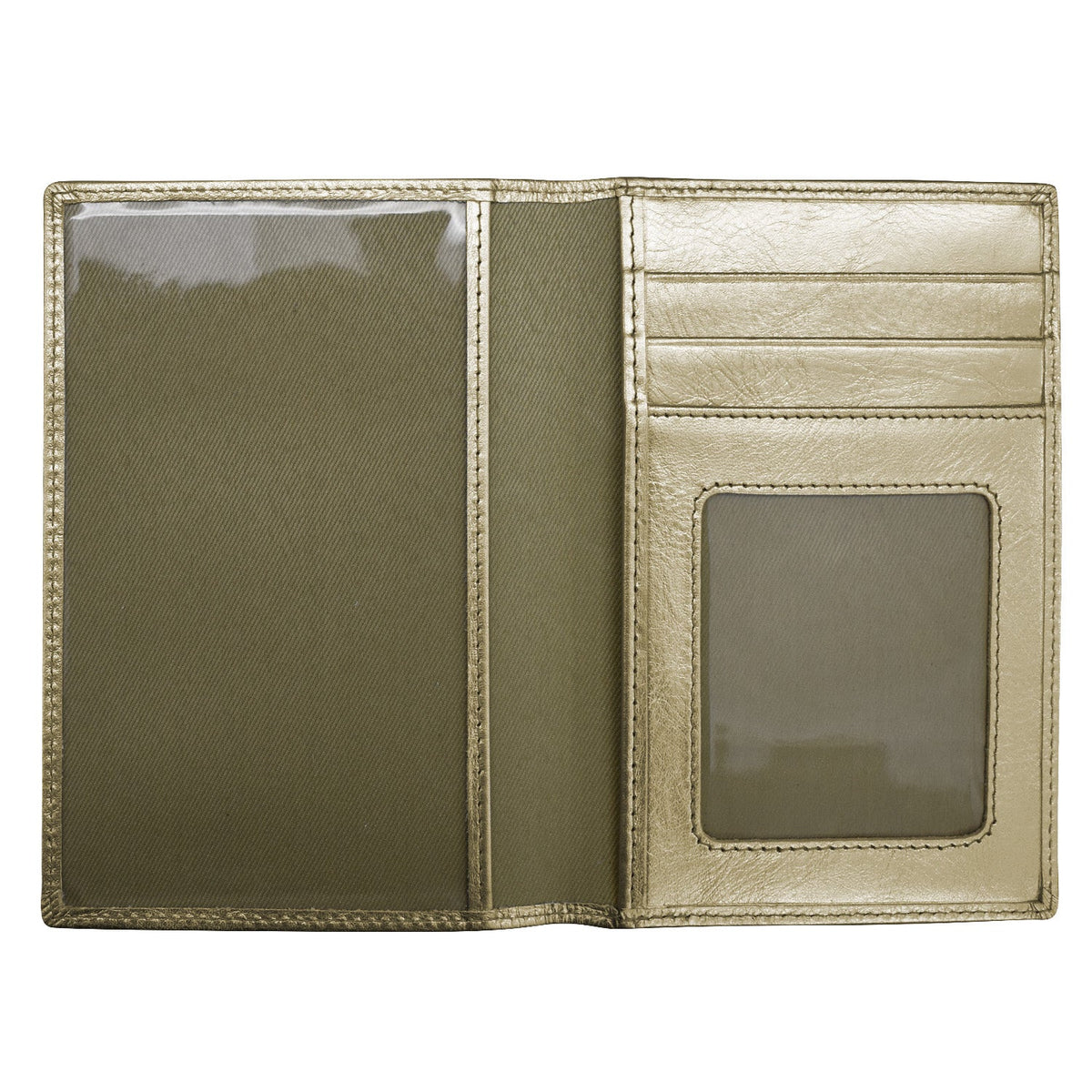 Open wallet showing interior with card slots and a window, on a white background