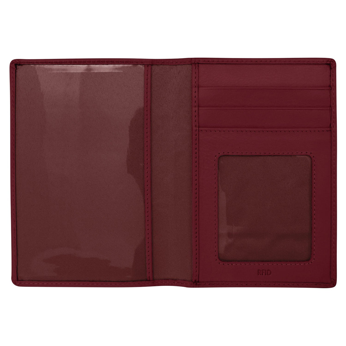 Red passport holder with multiple card slots on a white background