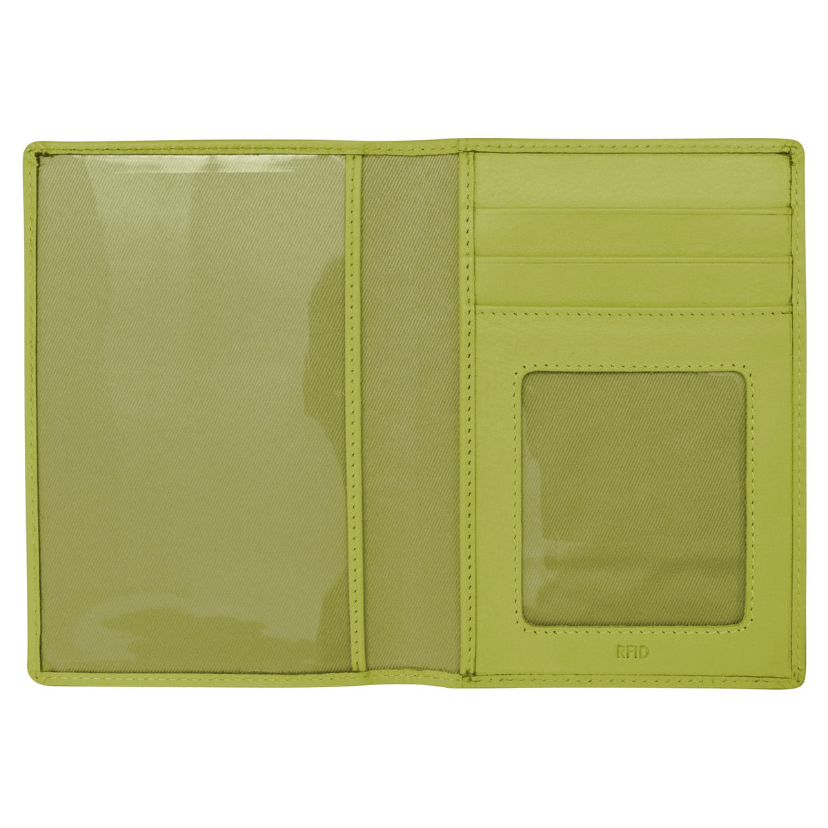 Green passport holder with card slots on a white background