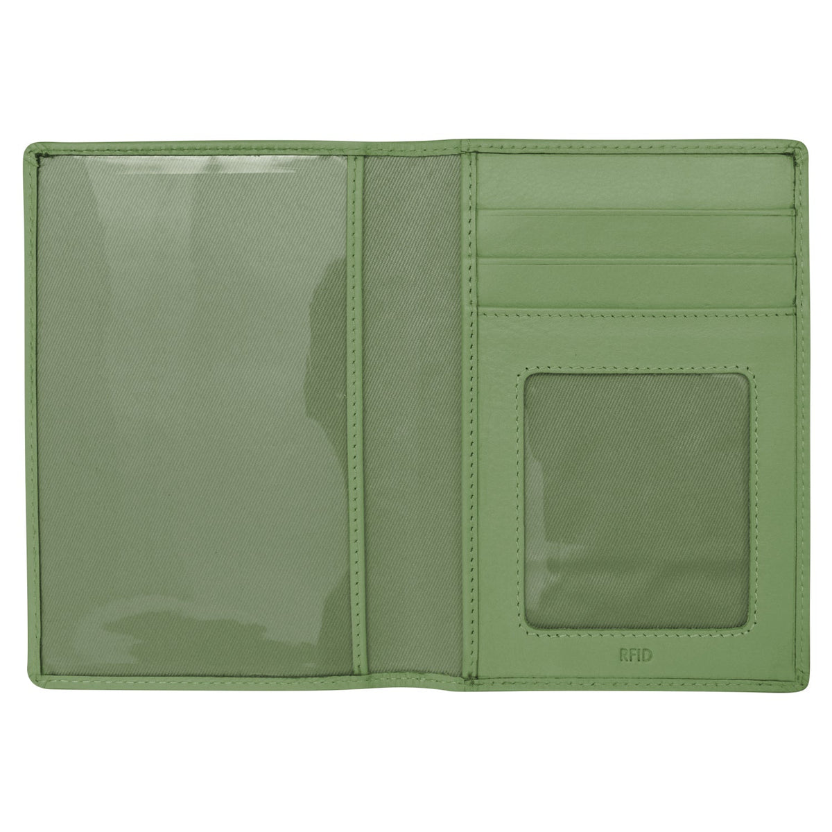 Green wallet with card slots and an ID window on a white background