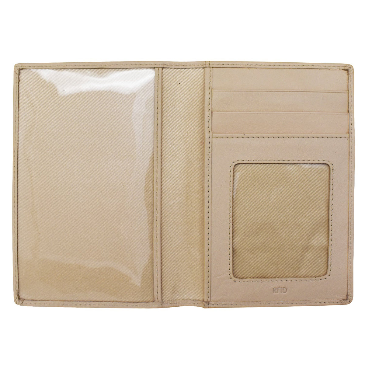 Beige cardholder with a clear window on a white background
