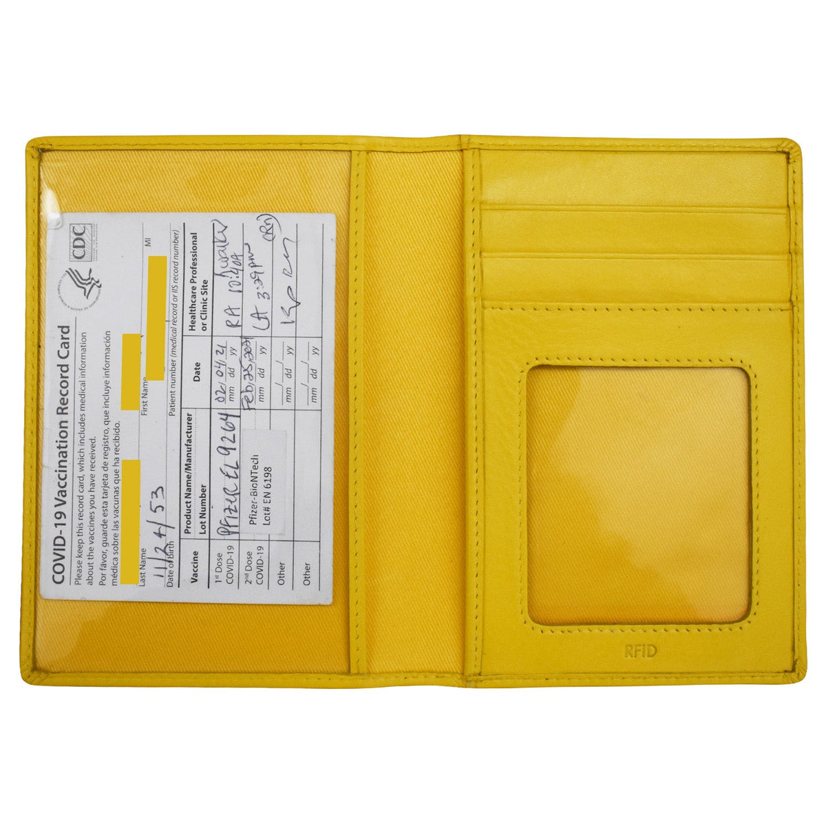 Yellow vaccine card holder with a COVID-19 vaccination record card inside