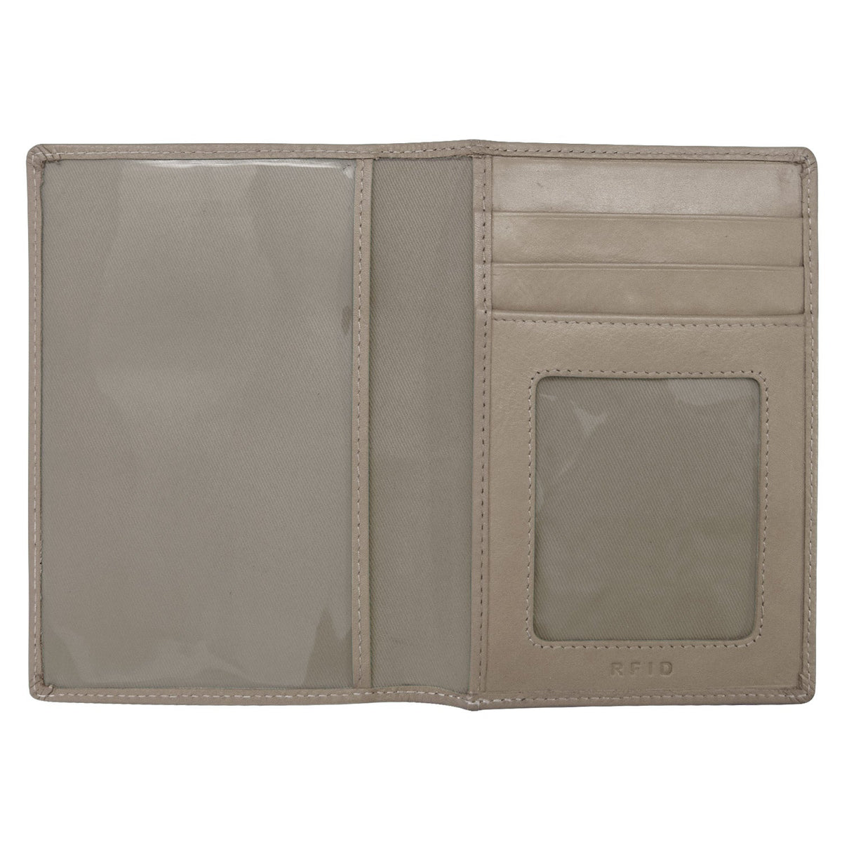 Open beige leather wallet on a white background