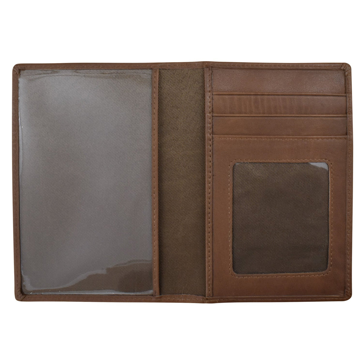 Brown leather wallet with card slots and a clear window on a white background