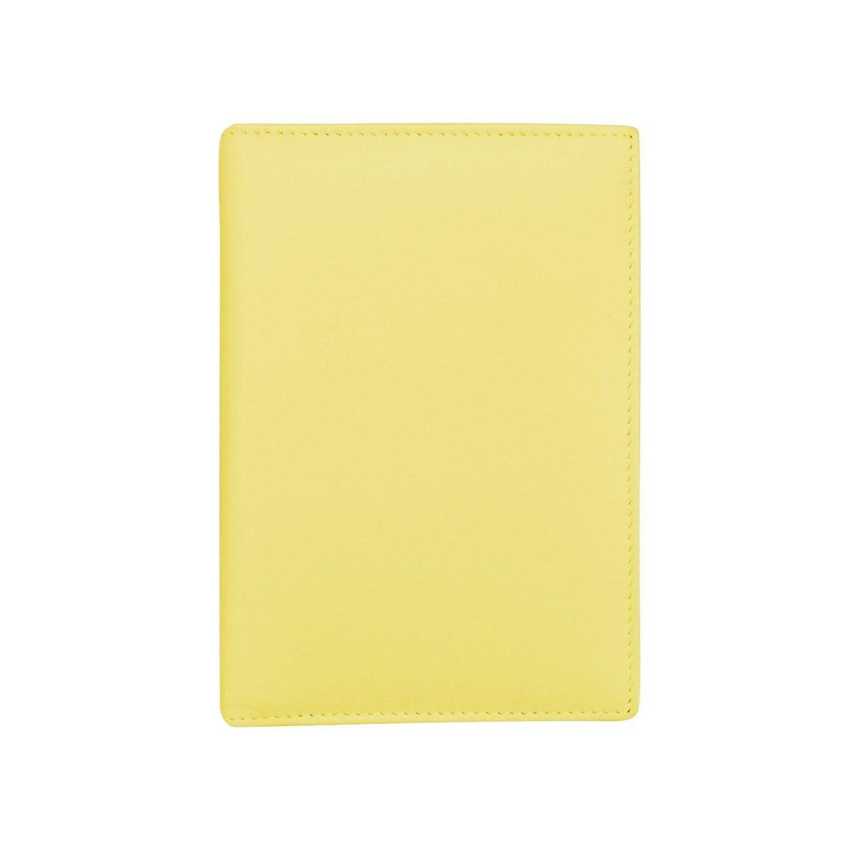 A minimalist, light yellow passport cover or document holder with clean stitching on a solid white background.